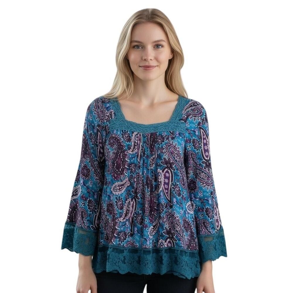 Sundance Blouse Womens Large Blue Purple Paisley 100% Silk Boho Crochet Lace Top